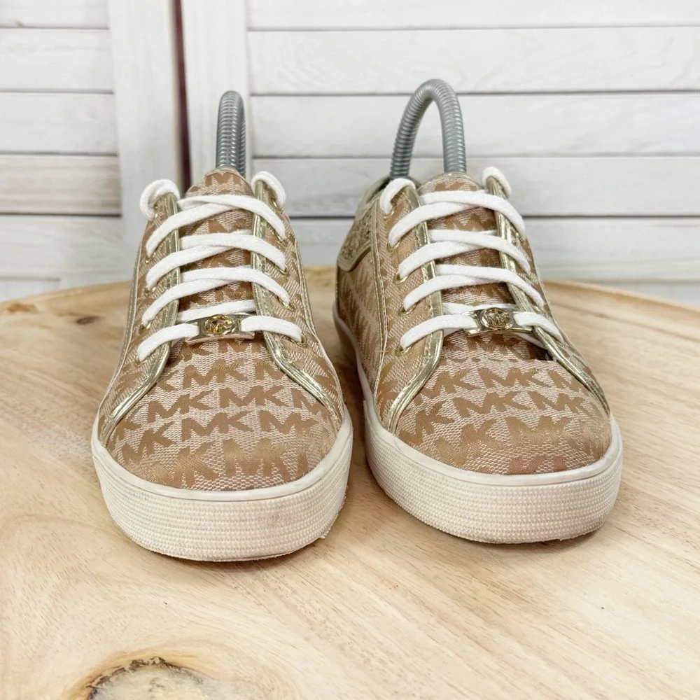 Michael Kors Cali Starla 2‎ Logo Jacquard Glitter Sneakers Tan Gold 3 Big Kids